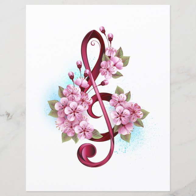 Notas de clave de trecho musical com flores de Sak (Frente)