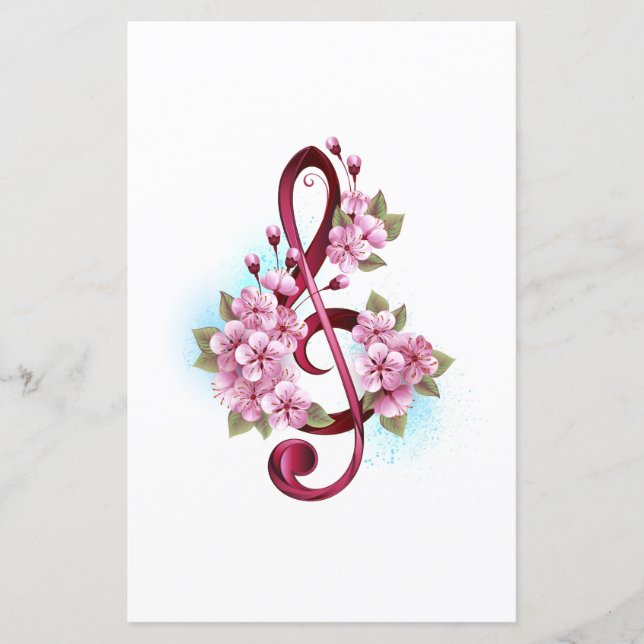 Notas de clave de trecho musical com flores de Sak (Frente)