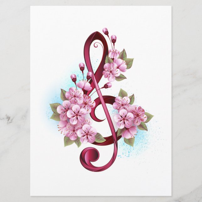 Notas de clave de trecho musical com flores de Sak (Frente)