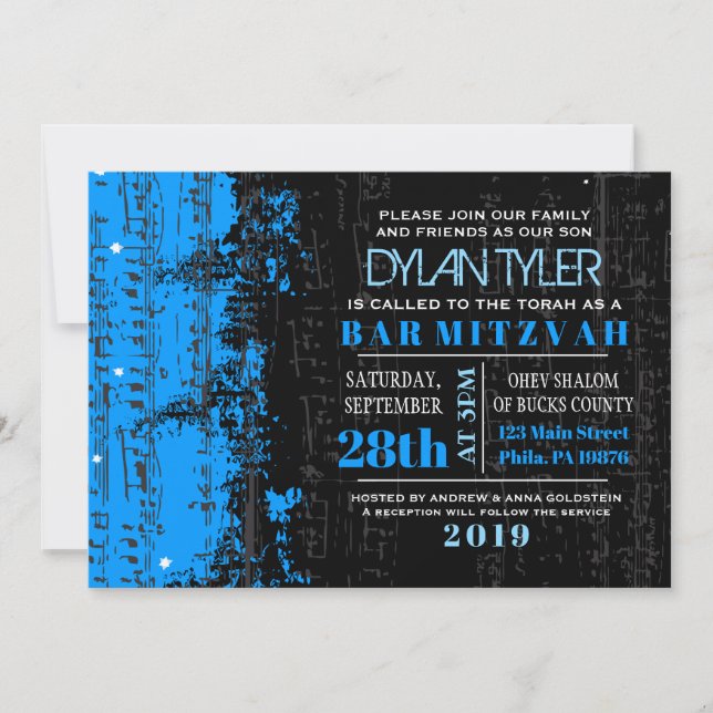 Notas de música estrelas Bar Mitzvah Convite azul (Frente)
