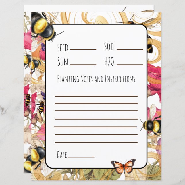 Notas e instruções de plantação para sementes de P (Frente/Verso)