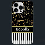 Notas Musicais e Chaves Pianas Pretas e Douradas<br><div class="desc">Um design elegante para o pianista ou jogador de teclado - com teclas de teclado com notas musicais de ouro em fundo preto. A cor de fundo pode ser alterada para qualquer cor, de acordo com as suas próprias necessidades e estilo, Personalize o texto na faixa colorida do ouro entre...</div>