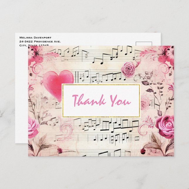Notas Musicais e Rosas Design Vintage Obrigado (Frente/Verso)