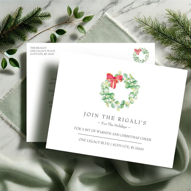 Nova Casa Para Os Convites De Natal De Férias (Christmas party invitations postcard open house watercolor wreath Victoria Grigaliunas VG Invites)