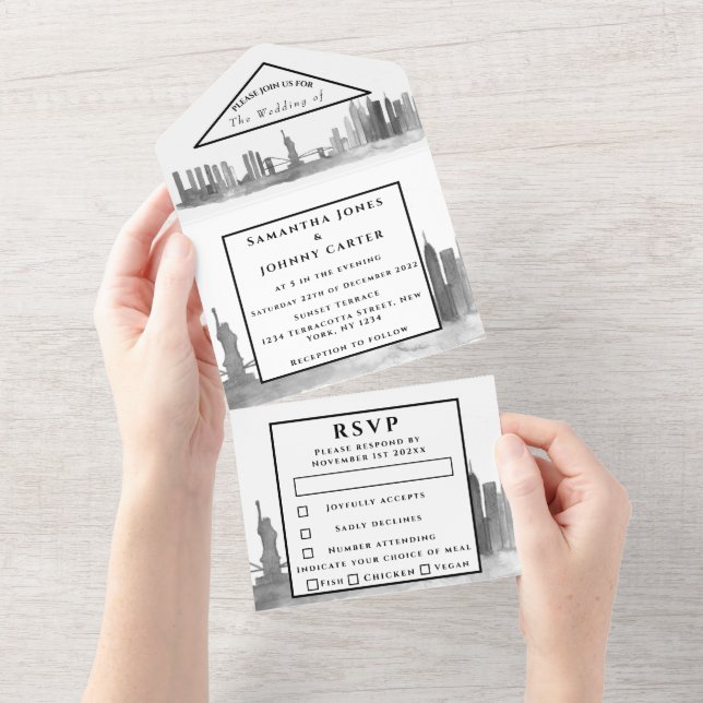 Nova York RSVP Casamento Moderno Negro e Branco (Aba destacável)