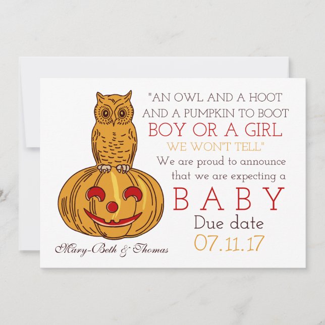 Novo Anúncio de Bebê Pumpkin Owl & Gingham (Frente)
