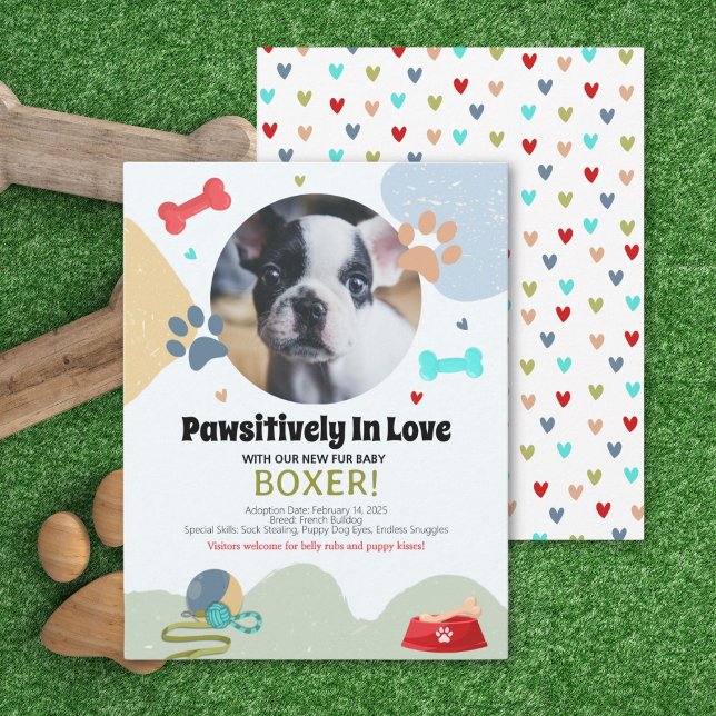 Novo Cartão de Anúncio de Puppy (Bright puppy announcement card with hearts, dog-themed details, and personalization for your new pup)