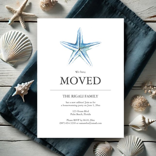 Novo Endereço Convites à Casa de Praia (New address invitations beach house watercolor blue starfish art by Victoria Grigaliunas)