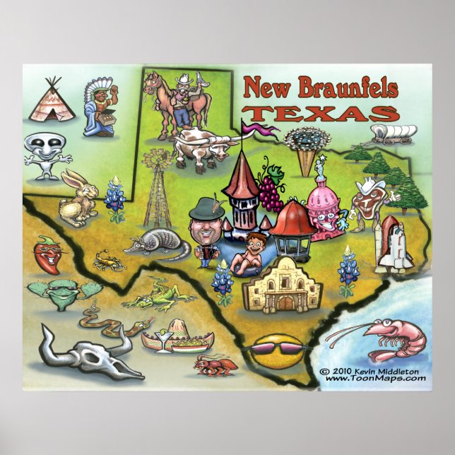 Novo Poster de Mapa TEXAS de Braunfels (Frente)