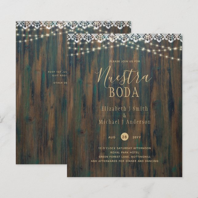 NUESTRA BODA BUDGET RUSTIC LIGHES LACE INVITE (Frente/Verso)