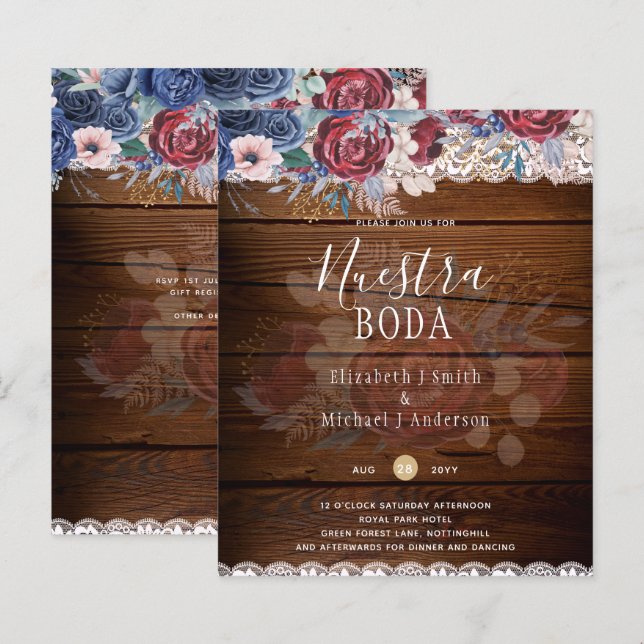 Nuestra Boda Burgundy Blue Floral Lace INVITE (Frente/Verso)