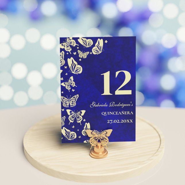 Numeração De Mesa 15 de Quinceañera, Borboleta Azul-Dourada (Royal Blue Gold Butterfly 15th Quinceañera Seating Table Number)