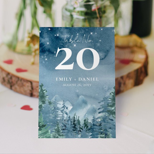 Numeração De Mesa 3,5x5.0 Montanhas Azuis Escuras de Estireno Orçame (Dark Dusk Blue Mountain Wedding or Event Table Numbers Budget Friendly 3.5x5.0 Option)