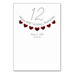 Numeração De Mesa 40º aniversário de casamento rubis coração número