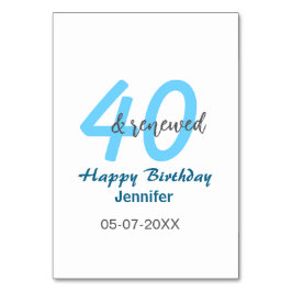 Numeração De Mesa 40th & renewed birthday name date blue bold number