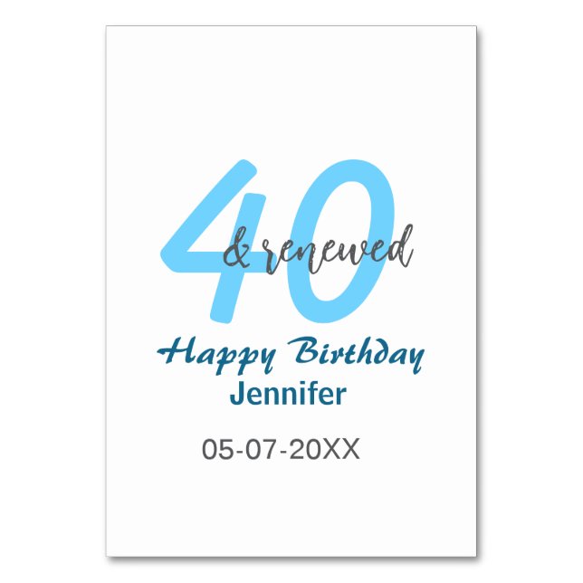 Numeração De Mesa 40th & renewed birthday name date blue bold number (Frente)