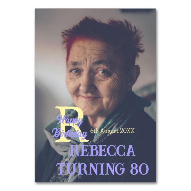 Numeração De Mesa 80 de aniversário da foto adicione nome data roxo  (Frente)