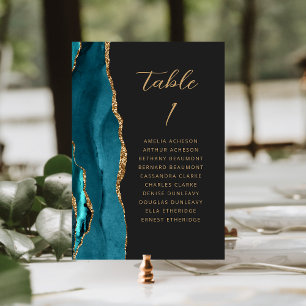 Numeração De Mesa Ágata Azul Teal Dourado Moderno Casamento Escuro