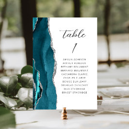 Numeração De Mesa Ágata Azul Teal Prata Moderno Casamento Script