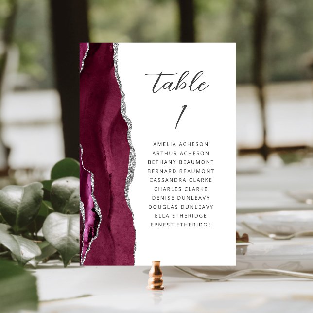 Numeração De Mesa Ágata Borgonha Prata Moderno Casamento Script (Criador carregado)