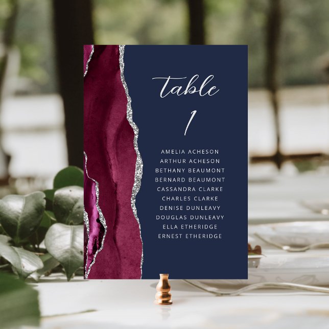 Numeração De Mesa Ágata Borgonha Prata Moderno Script Azul Casamento (Criador carregado)