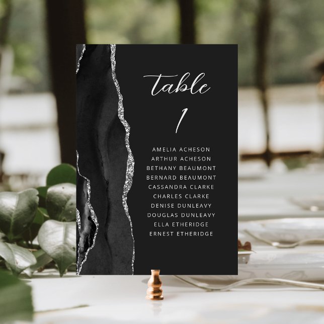 Numeração De Mesa Ágata Preto Prata Moderno Script Casamento Escuro (Criador carregado)