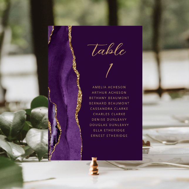 Numeração De Mesa Ágata Roxo Dourado Ameixa Moderno Script Casamento (Criador carregado)