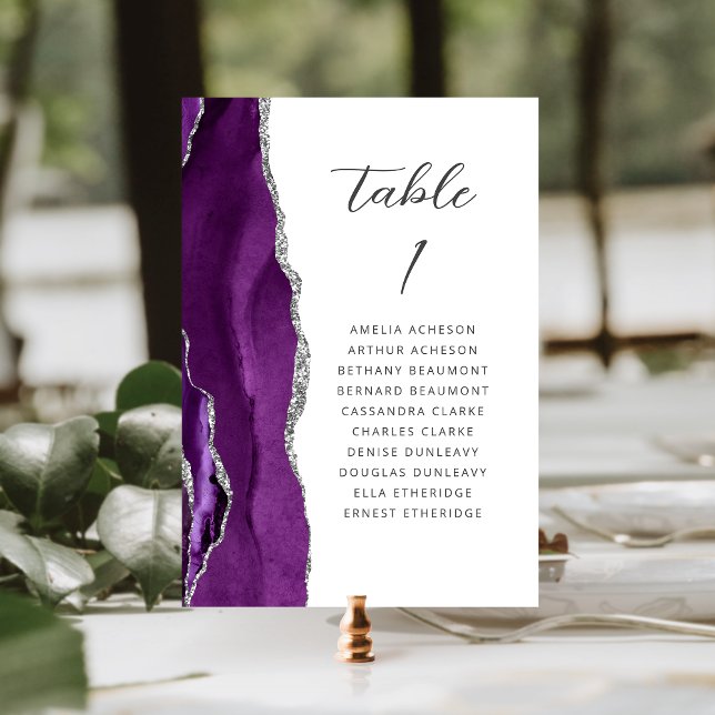 Numeração De Mesa Ágata Roxo Prata Moderno Casamento Script (Criador carregado)