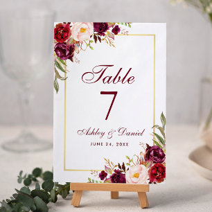 Numeração De Mesa Aguarela casamento floral de Borgonha e de ouro