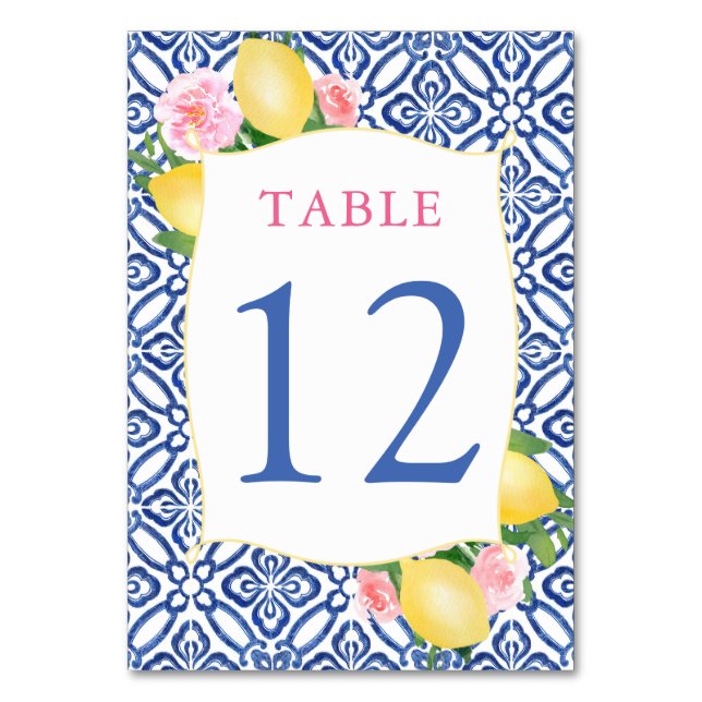 Numeração De Mesa Amalfi Lemons Flores Rosa Azulejos Azuis Casamento (Frente)