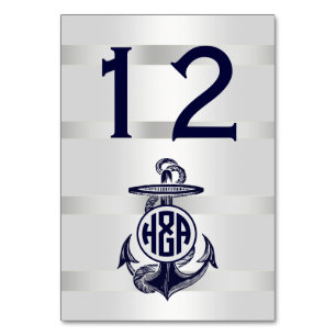 Numeração De Mesa Âncora Azul Prata Branco Marinho Monograma Círculo