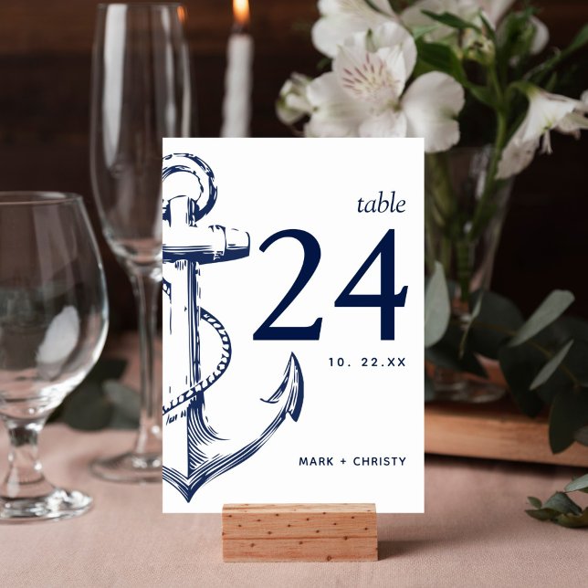 Numeração De Mesa Âncora de desenho náutico do Marinho moderno (Nautical anchor beach design on this table number card is perfect for your wedding reception decor.)