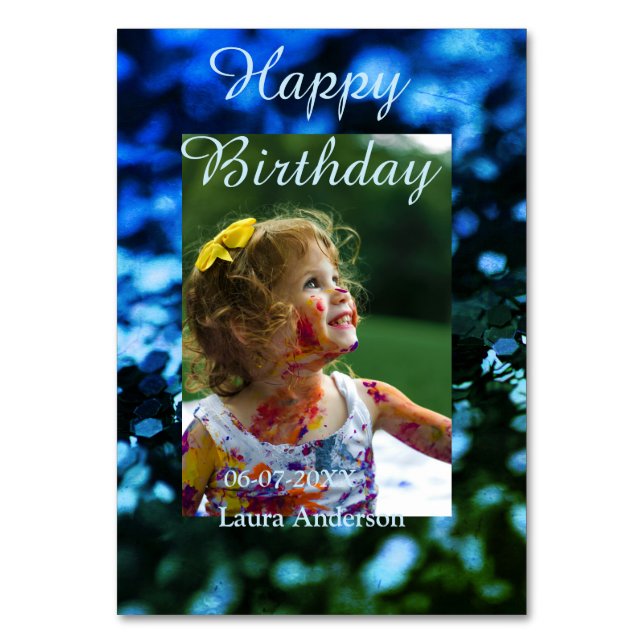 Numeração De Mesa Aniversário de criança de fotos azul verde-brilhan (Frente)