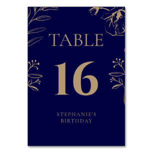 Numeração De Mesa Aniversário Floral Azul Marinho e Dourado Elegante