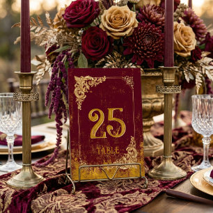 Numeração De Mesa Antigo Bordeaux Vermelho e Dourado Elegante