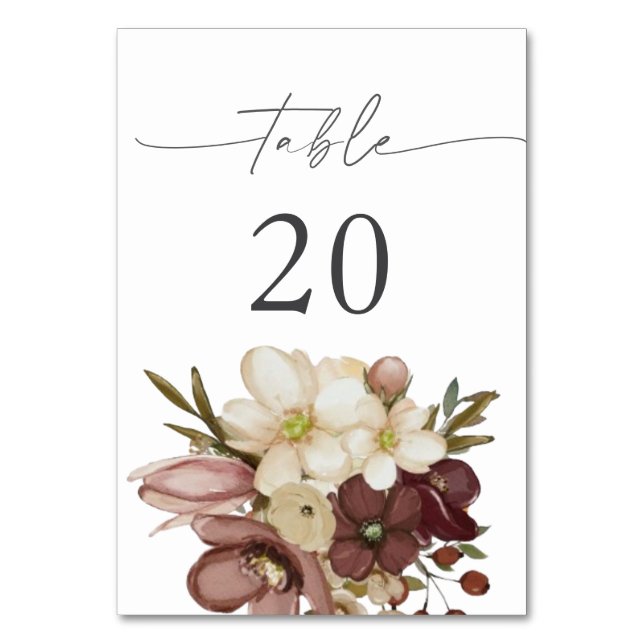 Numeração De Mesa Aquarela Boho Rosa & Mesa Neutra 20 Número (Frente)