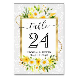 Numeração De Mesa Aquarela de Margaridas e Flores Amarelas Casamento