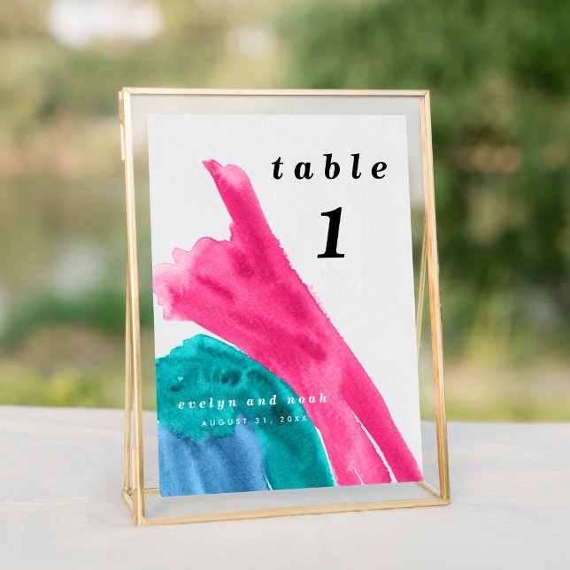 Numeração De Mesa Aquarela Rosa Quente (Bright vibrant watercolor wash in hot pink and turquoise wedding suite modern table number sign.)