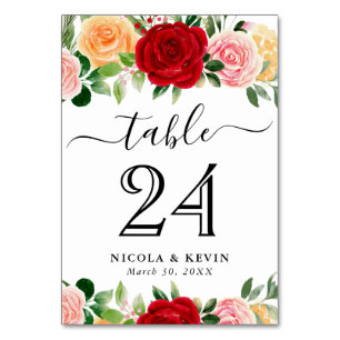 Numeração De Mesa Aquarela Rosas Vermelhas e Laranjas Casamento