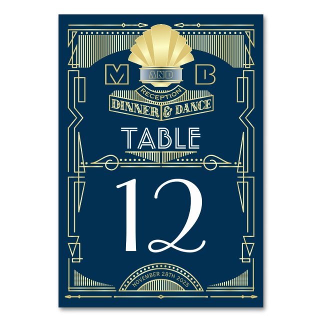 Numeração De Mesa Art Deco Recepção de casamento Partido Dourado Azu (Frente)