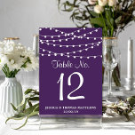 Numeração De Mesa As Luzes De Corda Na Coleção De Casamentos Roxos<br><div class="desc">Simples mas elegante, as luzes de cordas na coleção de casamentos roxos é um design espetacular com luzes de cordas brancas adoráveis em um fundo roxo, o que é perfeito para qualquer celebração de casamento moderna. Esses cartões de tabela podem ser personalizados para sua ocasião especial e farão os cartões...</div>