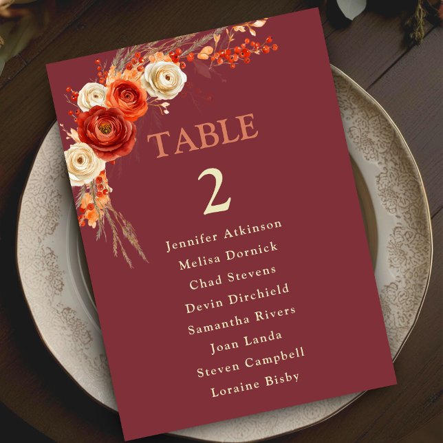 Numeração De Mesa Assento de casamento floral laranja outono chic (Criador carregado)