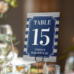 Numeração De Mesa Azul, Cinza Riscado Bar Mitzvah<br><div class="desc">Este cartão de número de tabela Mitzvah, Bar azul e cinza, tem uma área de texto em forma de tíquete que é cortada em branco, juntamente com uma inscrição branca com o nome do Bar Mitzvah na parte inferior, abaixo do número da tabela. Esta placa numérica da tabela é reversível...</div>