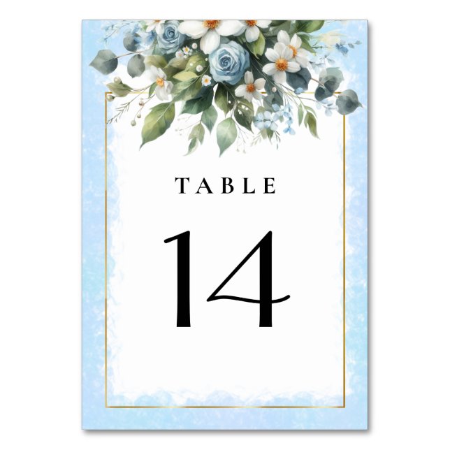 Numeração De Mesa Azul e Dourado Floral Elegante Rústico Aquarela (Frente)
