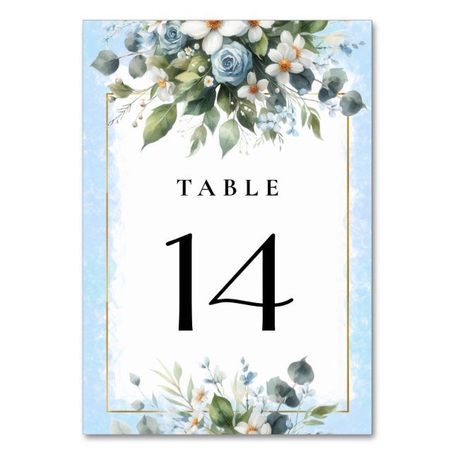 Numeração De Mesa Azul e Dourado Floral Rústico Elegante Aquarela (Frente)