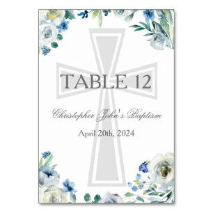 Numeração De Mesa Azul Floral Batismo Festa Cristã Cruz Personalizad