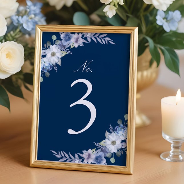 Numeração De Mesa Azul Francês e Lavanda Floral em Aquarela Azul Mar (French Blue & Lavender Watercolor Floral Navy Blue Table Number)