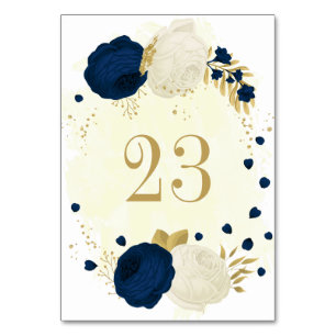 Numeração De Mesa azul marinho & flores brancas casamento dourado