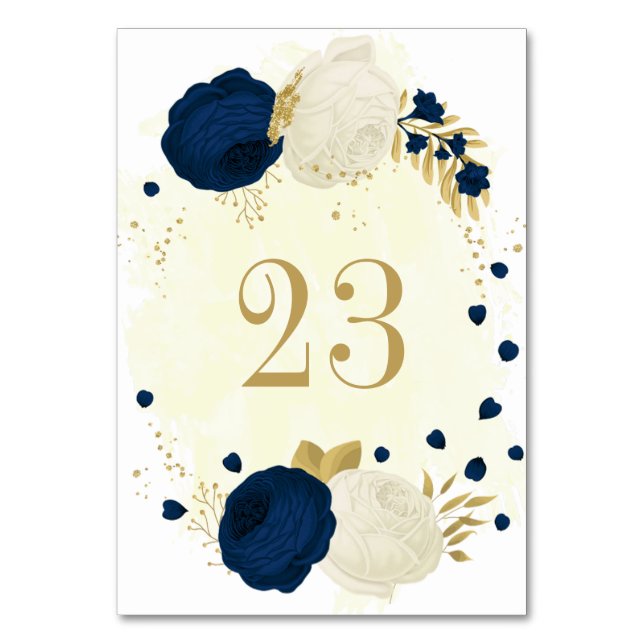 Numeração De Mesa azul marinho & flores brancas casamento dourado (Frente)