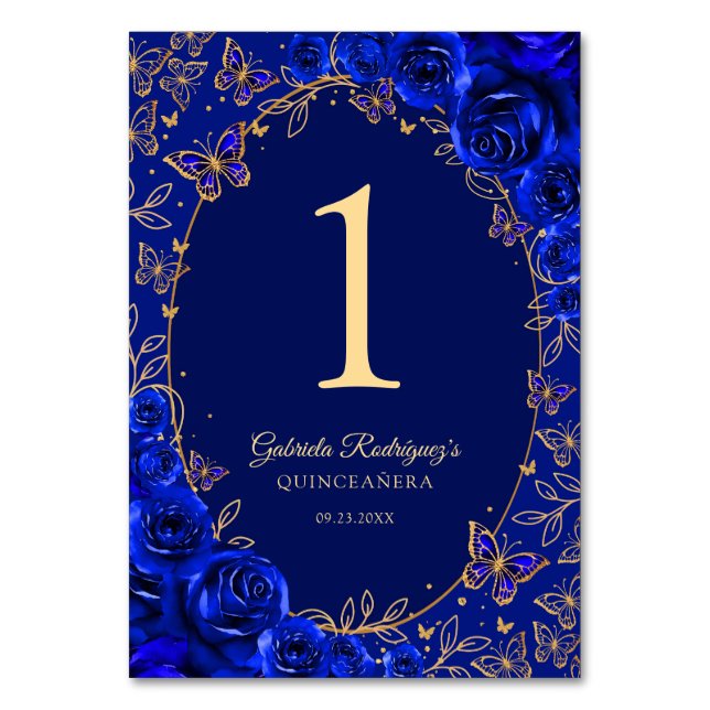 Numeração De Mesa Azul Real Dourado Quinceanera (Frente)